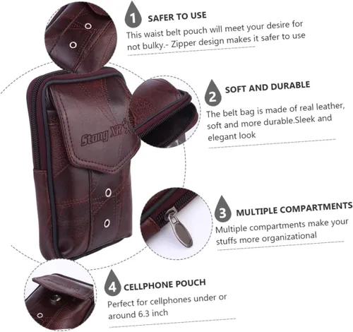 Vista 7 de TENDYCOCO Paquete de 1 bolsa de cintura para hombres monedero para hombres bolso vertical para teléfono móvil bolsa de cuero genuino hombres negro