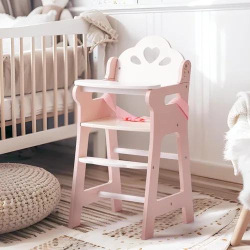 Vista 4 de ROBUD Silla alta de muñeca de bebé, silla alta de juego de simulación con cinturón de seguridad, accesorios de muñeca de madera rosa con mesa móvil