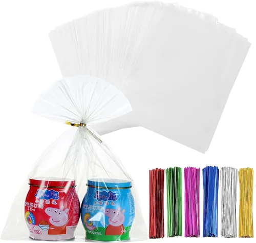 Vista 11 de 200 bolsas de celofán planas de celofán de 4 x 9 pulgadas, transparentes y gruesas, con lazos torcidos de 6 colores, embalaje, galletas, dulces
