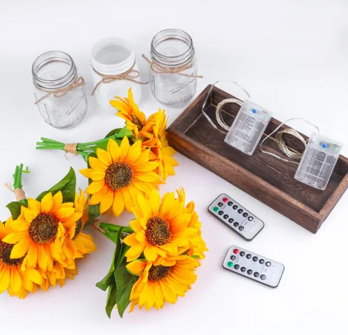 Vista 6 de Fowecelt 3 piezas de girasoles artificiales de cristal, centro de mesa, girasoles falsos, arreglos florales con maceta rectangular de madera
