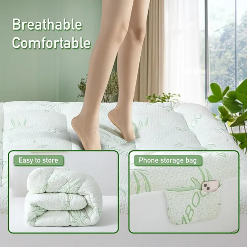 Vista 4 de Cubrecolchón Extra Grueso Tamaño King, Viscosa Suave Impermeable Derivada del Bambú, Almohadilla de Colchón Pillow Top, Funda de Colchón con Relleno