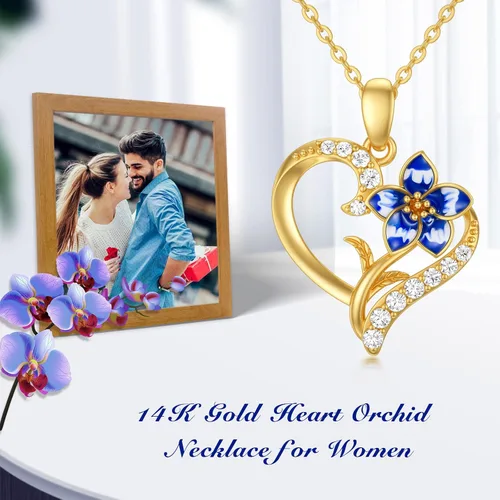 Vista 5 de Collar de flor de nacimiento de oro real de 14 quilates para mujer, oro amarillo creado moissanita con colgante de corazón, collares