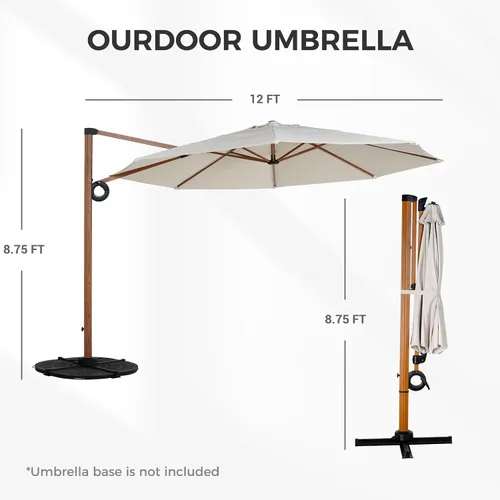 Vista 2 de Grand patio Sombrilla de patio de 12 pies, sombrilla redonda voladiza para exteriores con rotación de 360°, paraguas de aluminio para patio, jardín