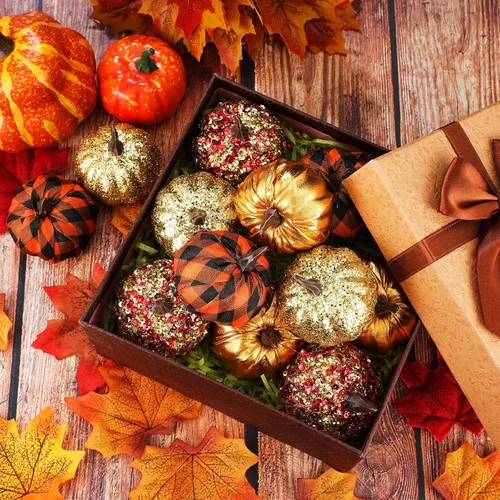 Vista 5 de Sotiff 12 adornos para árbol de Acción de Gracias, adornos colgantes de calabaza, bolas de espuma con purpurina, envueltas en tela, pequeñas