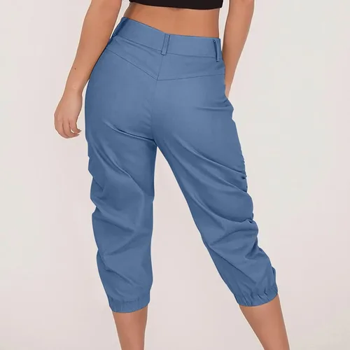 Vista 4 de Pantalones capri para mujer, estilo cargo, casual, de verano, talla grande, pantalones capri ligeros, atléticos, holgados, elásticos, recortados