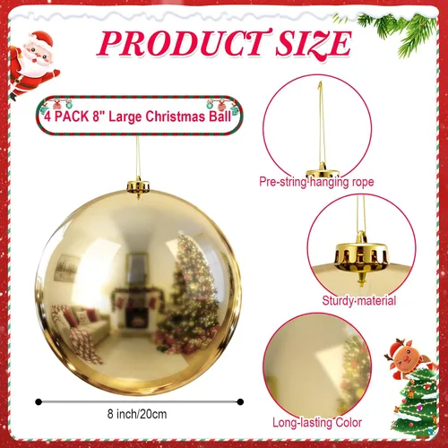 Vista 2 de Zubebe 4 unidades de esferas de adornos de Navidad extra grandes de 8" (200 mm) de plástico de grado comercial gigantes sobredimensionadas