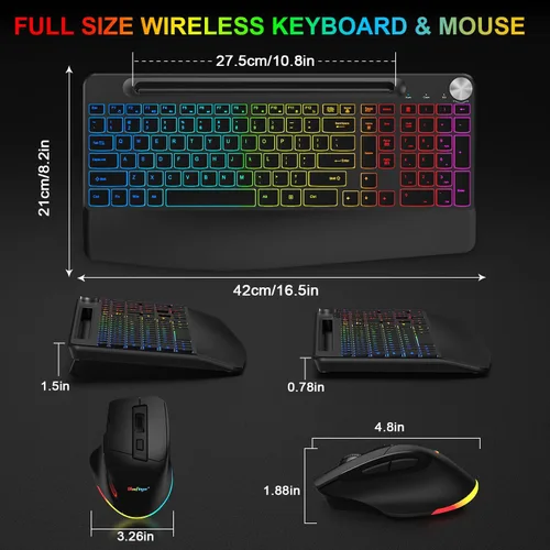 Vista 8 de BlueFinger Combo de teclado y mouse inalámbricos retroiluminados, teclado ergonómico recargable de 2.4 G con reposamuñecas, soporte para teléfono