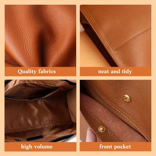Vista 4 de Bolso de hombro para mujer, color sólido, de piel auténtica, bolso de mano de gran capacidad, bolso de viaje, bolso de fin de semana, comprador