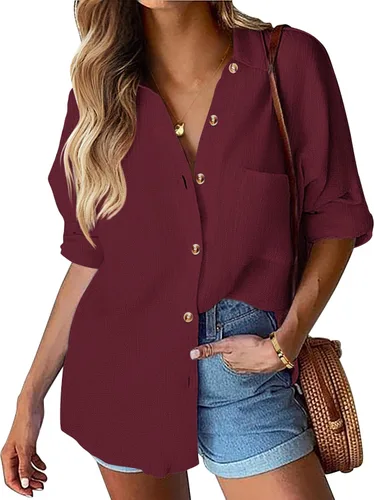 Vista 18 de HOTOUCH Camisa de manga larga con botones de lino para mujer, blusa de algodón casual, holgada, con cuello, para trabajo, de gasa, con bolsillo