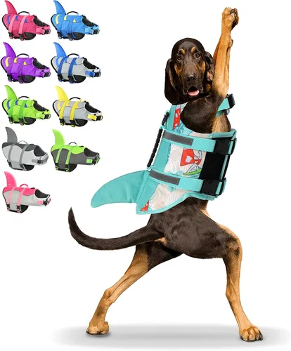 Vista 32 de Chaleco salvavidas para perros de Fragralley Shark, chaleco salvavidas ajustable para perros con aleta de tiburón, adecuado para perros pequeños