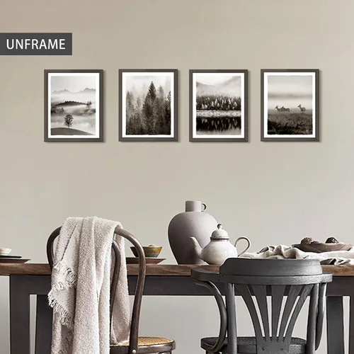 Vista 5 de Imágenes de paisajes de la naturaleza, arte para pared, bosque brumoso, árbol, montaña, animales salvajes, ciervos, lago, escena, obra de arte