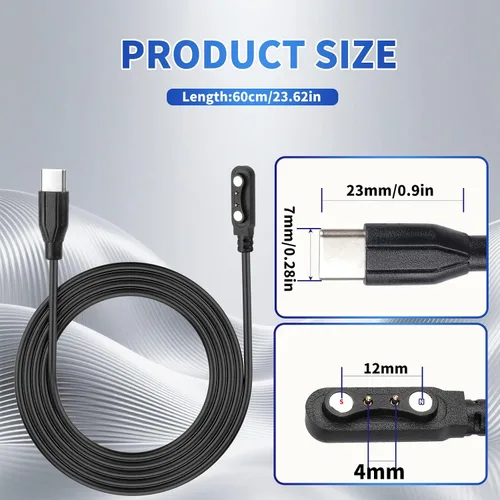 Vista 2 de Cargador magnético Smartwatch 2 Pin 0.157 in USB C Cable Fitness Negro