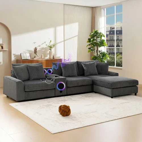 Vista 14 de MAKIAAP Sofá modular de pana de 83 pulgadas con altavoces, cómodo sofá biplaza de asiento profundo con otomana móvil, consola, cargador USB, Beige