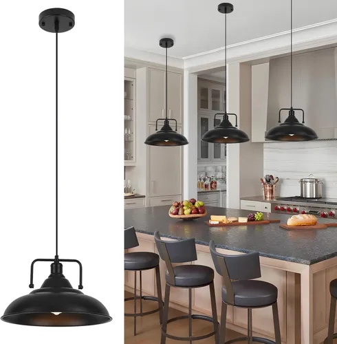 Vista 20 de Paquete de 1 lámpara colgante negra de 12.5 pulgadas, lámpara colgante de granja, iluminación colgante industrial, luces colgantes de cocina, luces