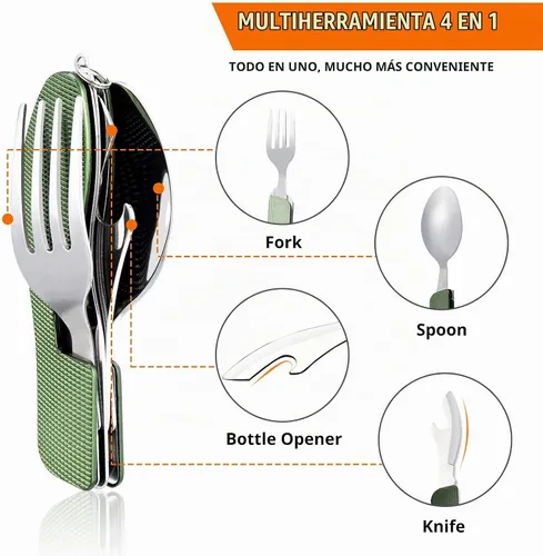 Vista 3 de HIKENTURE 4 en 1 Utensilios para Camping, Juego de Cubertería de Acero Inoxidable con Cuchara, Tenedor, Cuchillo y Abrebotellas, Cubiertos
