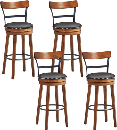 Vista 13 de COSTWAY Juego de 2 taburetes de bar, taburetes giratorios de 360 grados con asiento acolchado de cuero, respaldo de escalera de un solo listón