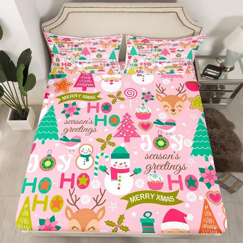Vista 22 de Juego de sábanas con diseño de Papá Noel y muñeco de nieve para niños, niñas y niños, de temática navideña, juego de cama con diseño de árbol