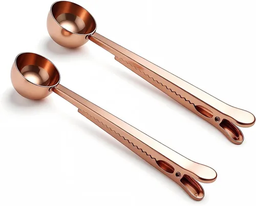 Vista 7 de Cucharas medidoras de café para café molido de acero inoxidable, 1 cucharada con clip para bolsa para café y té, juego de 2 (2 unidades, negro)
