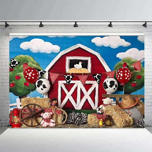 Vista 2 de MEHOFOTO - Fondo de cabina de estudio fotográfico de granero rojo de granja, animales rústicos, césped verde, cielo, decoración de fiesta