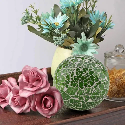 Vista 5 de Woration 2 bolas de vidrio decorativas con espejo, decoración verde, mosaico, orbes, esfera, sala de estar, comedor y mesa de café, jarrones