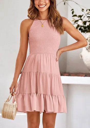 Vista 2 de KIRUNDO 2023 - Vestido casual de verano sin mangas para mujer, con volantes fruncidos, escalonados, acampanado, vestido de playa