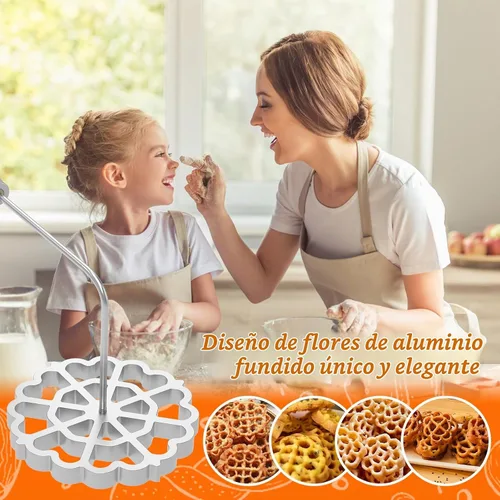 Vista 4 de Molde para bunuelos, molde de aluminio para hacer galletas con mango de madera, juego de moldes de hierro rosetón desmontable, moldes de gofre