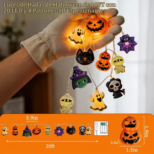 Vista 7 de Guirnalda de luces de Halloween, 10 pies, 20 luces LED de otoño, USB y batería, decoración de Halloween, luz de otoño, 8 modos intermitentes, bonita