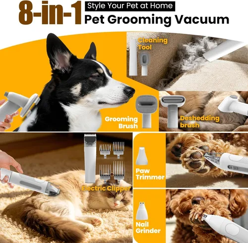 Vista 3 de Kit de aseo para perros con aspiradora, 12000Pa para mascotas eléctrico y Negro-8 en 1