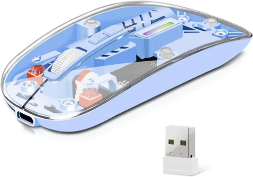 Vista 10 de Ratón inalámbrico, mouse de computadora con conectividad de modo dual (2.4G + BT5.2), mouse óptico con carcasa transparente, batería recargable