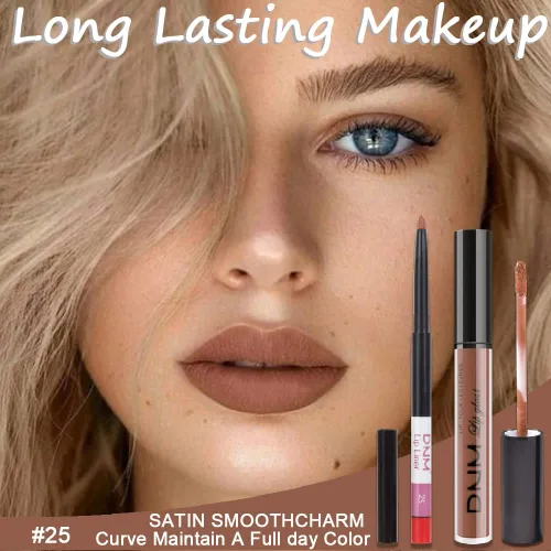 Vista 2 de Juego de 2 delineadores de labios y lápiz labial, color beige rosa mate, marrón líquido mate 24H, impermeable, de larga duración, kit de labios mate