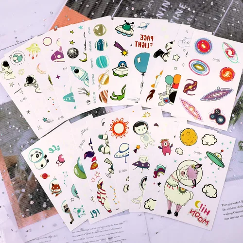 Vista 8 de PHOGARY 20 hojas de calcomanías espaciales para niños (brillan en la oscuridad), tatuajes falsos para niños, divertidos tatuajes temporales como
