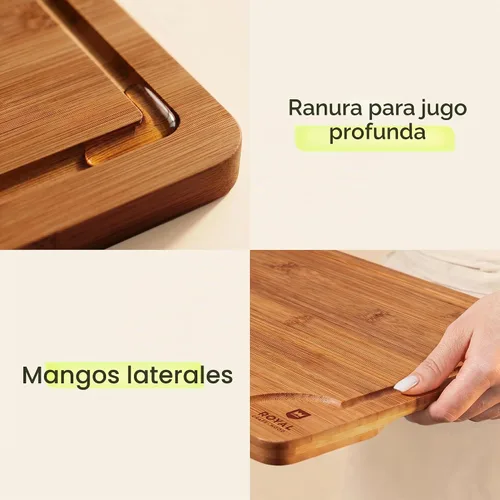 Vista 4 de ROYAL CRAFT WOOD Tablas de cortar de madera para preparar comidas de cocina y servir – Juego de tablas de cortar de bambú no tóxicas con asas Marrón