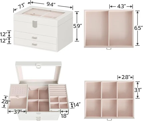 Vista 7 de HOOBRO Joyero para mujer organizador de joyas grande de 4 niveles organizador de joyas de viaje con tapa de cristal amplio espacio de almacenamiento