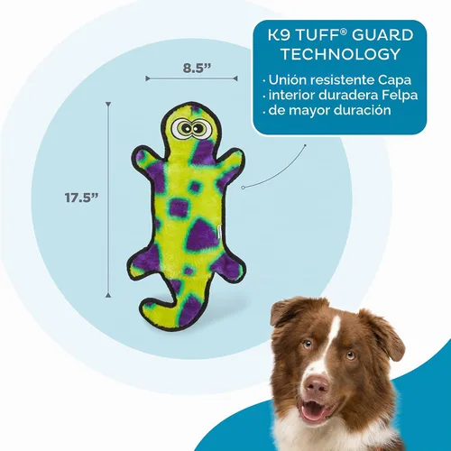 Vista 5 de Outward Hound Durablez Gecko - Juguete de peluche grande sin relleno para cachorros y perros, interactivo, suave pero resistente, sin ensuciar Geco