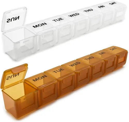 Vista 16 de Paquete de 2 organizadores semanales de píldoras, estuche grande de 7 días, caja de medicina diaria de vitaminas, recipientes de píldoras AM/PM