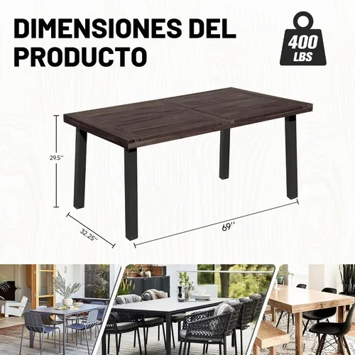 Vista 2 de Mesa de comedor Flamaker para 6 personas de madera de acacia FSC para interior y exterior, mesa de cocina del hogar con patas de hierro, mesa grande