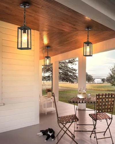 Vista 7 de VIANIS Luces colgantes al aire libre, lámparas colgantes exteriores para porche delantero, moderna iluminación exterior negra para patio con vidrio