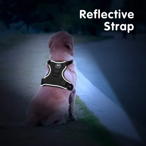 Vista 5 de PoyPet - Arnés para perro reflectante de malla suave y transpirable, chaleco doble acolchado sin estrangulamiento, ajustable (negro, XS)