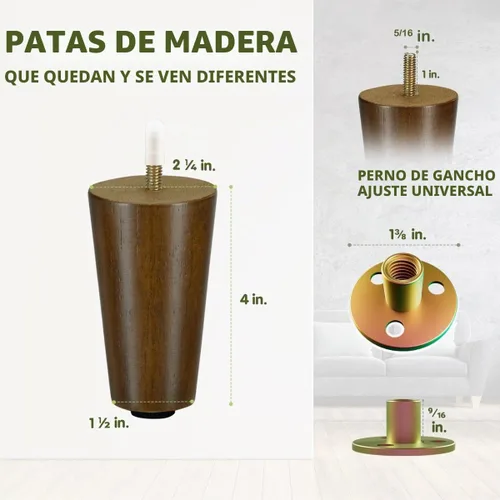 Vista 6 de Yes4All Juego de 4 Patas de Muebles de Madera Redondas de 4 Pulgadas - Pies de Repuesto de Madera para Sofá, Cama, Banco - Patas Cónicas Ajustables