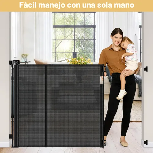 Vista 5 de Puerta Reforzada para Mascotas Extra Alta de 42" y Puerta Retráctil para Bebés de 55" de Ancho con Varillas de Soporte - Puerta Retráctil para Negro