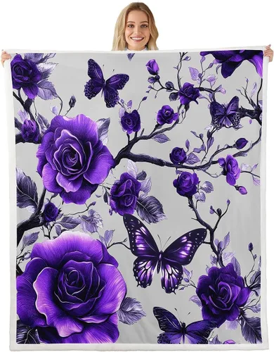 Vista 12 de Manta de franela azul rosa para todas las estaciones, manta de cama gótica de mariposa para decoración del hogar kawaii, manta rústica con flores
