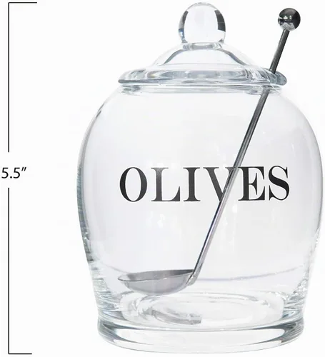 Vista 5 de Creative Co-Op Tarro de cristal transparente "OLIVE" con tapa y cuchara ranurada de acero inoxidable (juego de 3 piezas, incluye tapa)