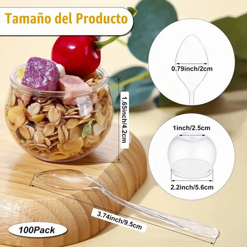 Vista 2 de EBOOT 100 mini tazas de postre de 2 onzas con cucharas, cuenco de plástico de esfera