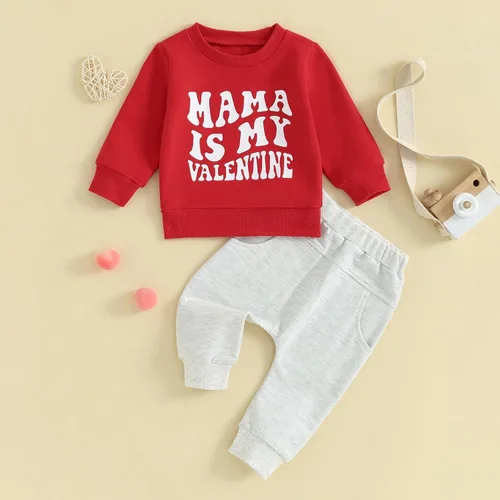 Vista 2 de Conjunto de ropa de 2 piezas para bebé niño para el día de San Valentín con estampado de mamá es mi San Valentín, sudadera con cuello redondo