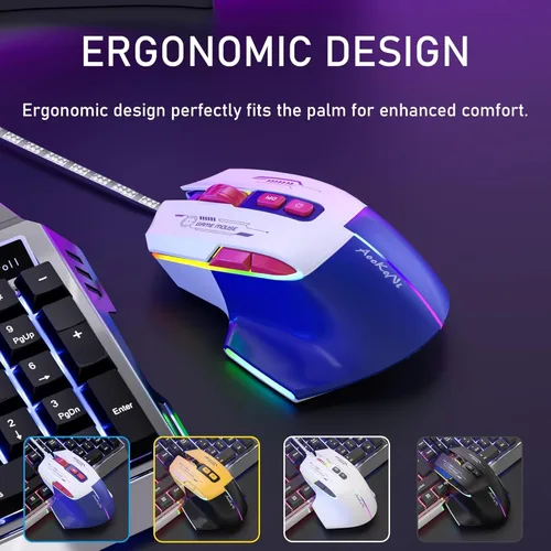 Vista 6 de Ratón para juegos con cable, mouse para juegos con retroiluminación RGB, 7200DPI ajustable, ratones para juegos de PC con 7 botones macro