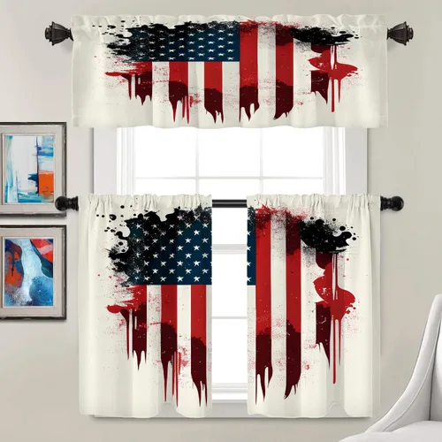 Vista 250 de Batmerry American Flag Ink Dot Blackout Tier Curtains, Red Blue White Stars Abstract Thermal Insulated Half Curtain Rod Pocket Small Valance for