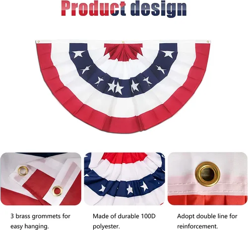 Vista 2 de Paquete de 2 banderas plisadas de Estados Unidos, bandera estadounidense de 1.5 x 3 pies, bandera patriótica de Estados Unidos con cabecera de lona