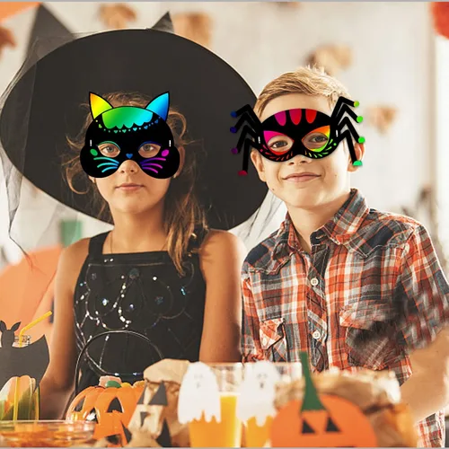 Vista 7 de Natonhi 32 piezas de manualidades de Halloween para niños, máscara para rascar arco iris, juegos de Halloween, arte y manualidades, kit de Halloween