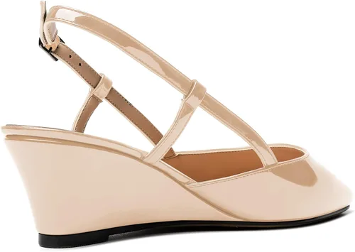 Vista 5 de MERRORI Zapatos de tacón bajo de cuña con hebilla y punta cuadrada para mujer, de patente sólida, de 2 pulgadas Beige