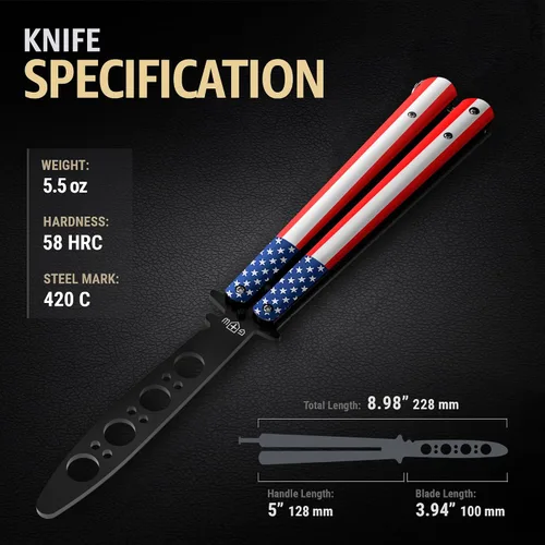 Vista 3 de Cuchillo de mariposa – Balisong Trainer – Entrenador de mariposa de práctica estadounidense con pestillo de resorte seguro – Cuchillos Balisong NO